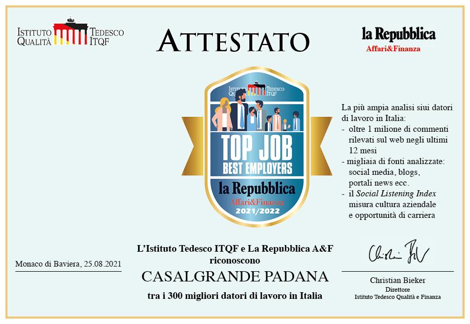 Casalgrande Padana si aggiudica il riconoscimento Top Job 2021-22 | Casalgrande Padana