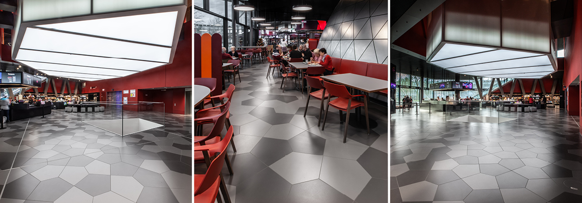 Beautiful geometric porcelain stoneware flooring by Casalgrande Padana in Germany’s Experimenta Science Centre