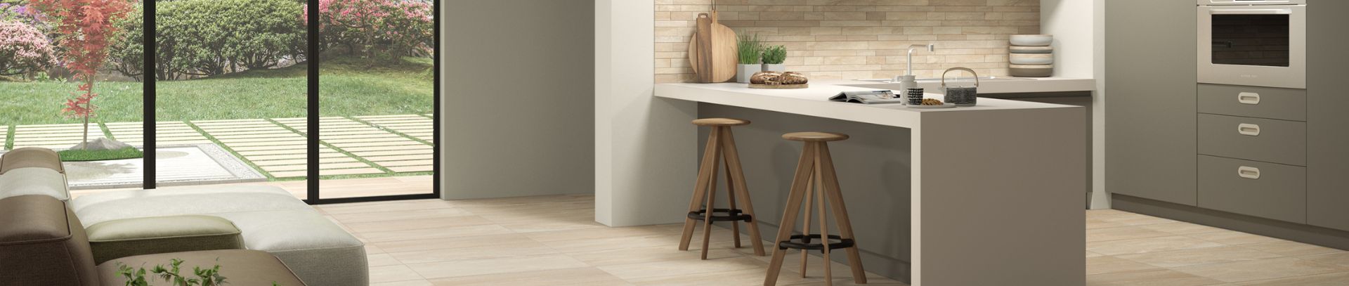 Open plan kitchens: décor ideas with porcelain stoneware