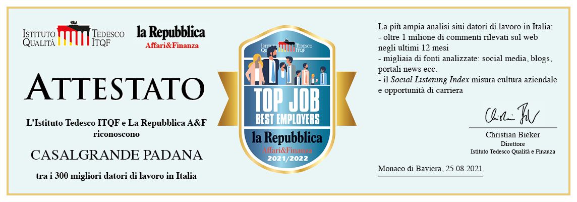 Casalgrande Padana si aggiudica il riconoscimento Top Job 2021-22