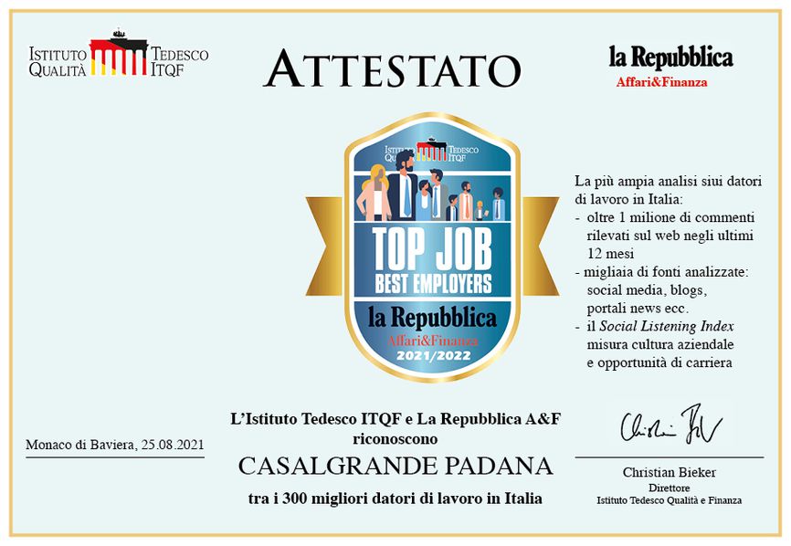 Casalgrande Padana si aggiudica il riconoscimento Top Job 2021-22