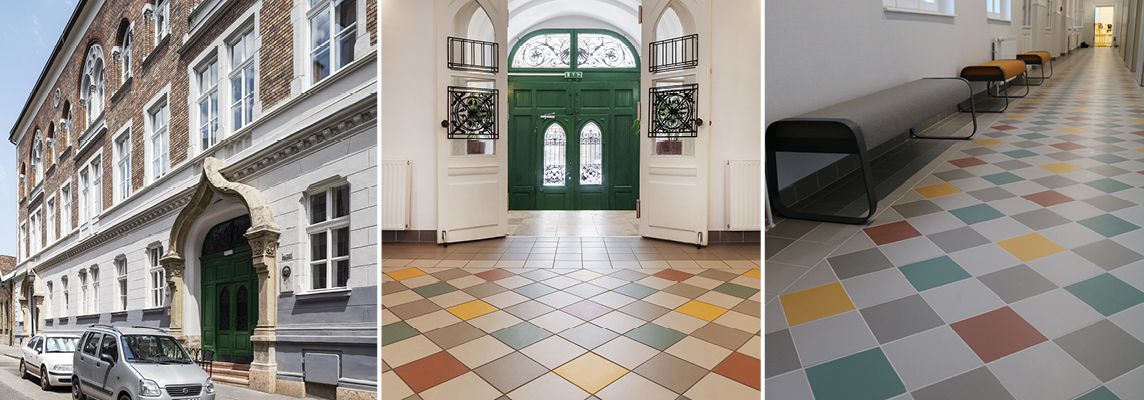 An eye-catching porcelain stoneware “carpet” at the Szent Gellért school in Budapest