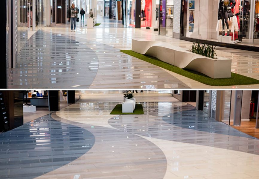 Un sinuoso tappeto di ceramica in gres porcellanato: il centro commerciale Hallarna